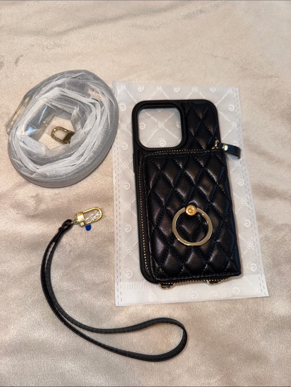 Black Quilted iPhone 15 pro max Wallet Case with Gold Ring and Crossbody Strap